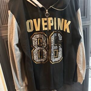PINK Victoria's Secret Black Hoodie with Gray Sleeves & Gold Sequin '86'